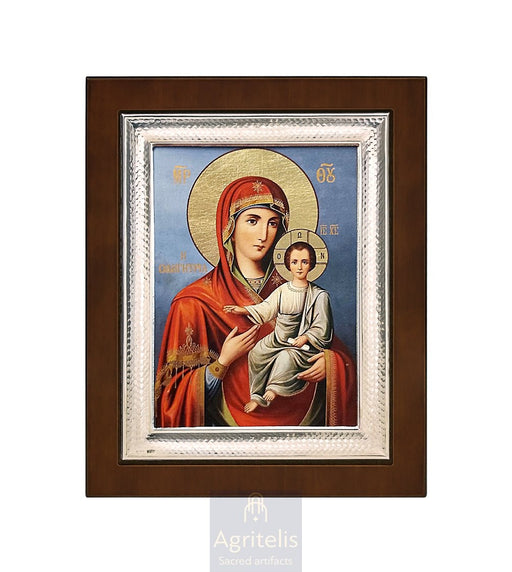 Сребрна икона, Αγριτέλης црквени предмети, ieraskevi.com, Пресвета Богородица Одигитрија плава позадина 26,5 x 21,5 cm