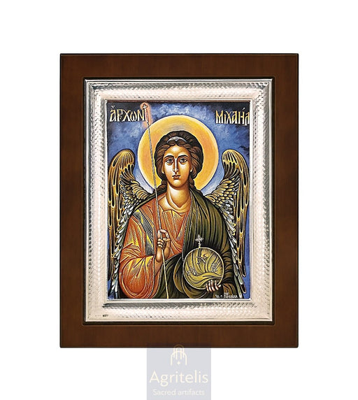Сребрна икона, Αγριτέλης црквени предмети, ieraskevi.com, Архангел Михаило плава позадина 26,5 x 21,5 cm