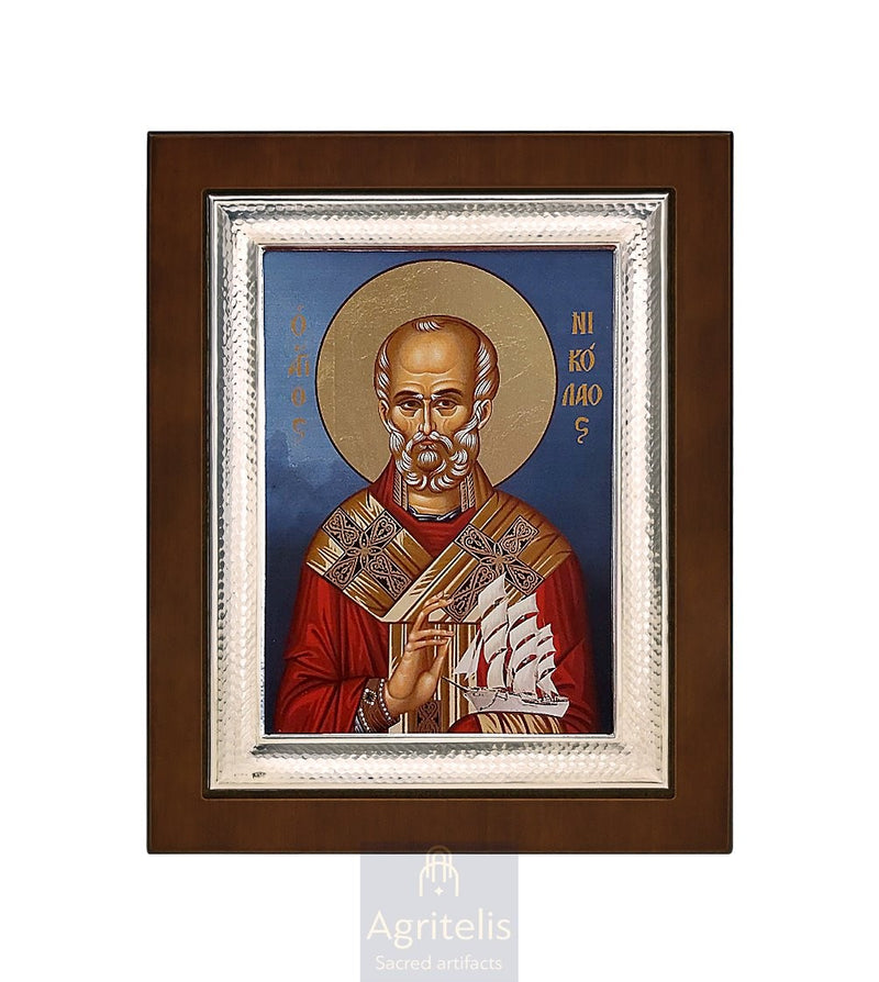 Срібна ікона, Αγριτέλης Церковне, ieraskevi.com, СВЯТИЙ МИКОЛАЙ З КОРАБЛЕМ СИНЄ ТЛО 26,5 x 21,5 cm
