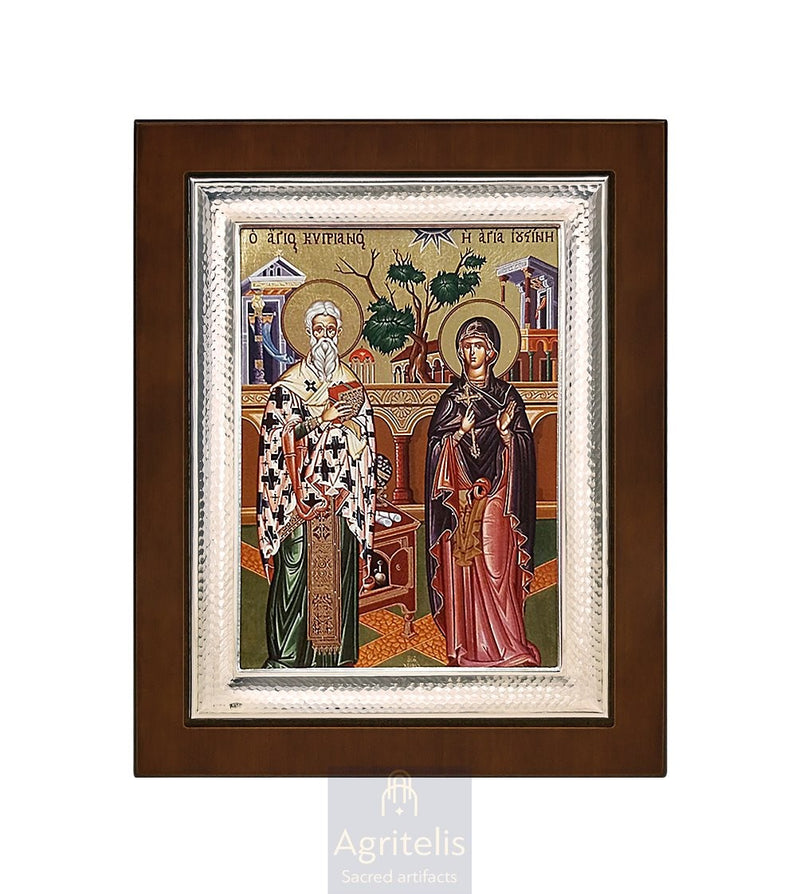 Saints Cyprian and Justina — 925 Silver Icon, 26.5 × 21.5 cm