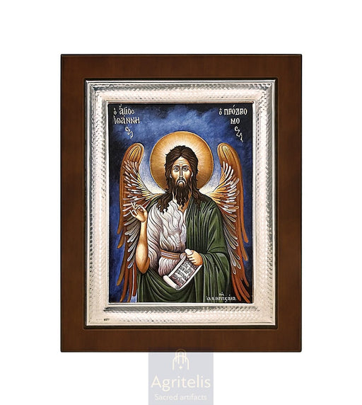 Сребрна икона, Αγριτέλης црквени предмети, ieraskevi.com, Свети Јован Претеча плава позадина 26,5 x 21,5 cm