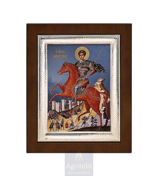 Сребрна икона, Αγριτέλης црквени предмети, ieraskevi.com, Свети Димитрије плава позадина 26,5 x 21,5 cm