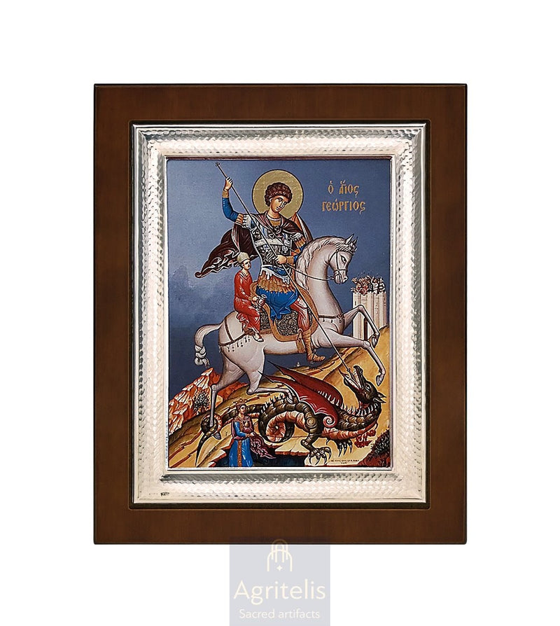 Срібна ікона, Αγριτέλης Церковне, ieraskevi.com, СВЯТИЙ ГЕОРГІЙ СИНЄ ТЛО 26,5 x 21,5 cm