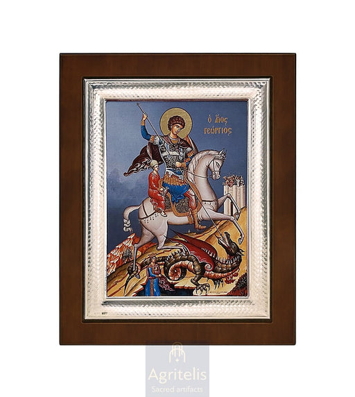 Сребрна икона, Αγριτέλης црквени предмети, ieraskevi.com, Свети Георгије плава позадина 26,5 x 21,5 cm