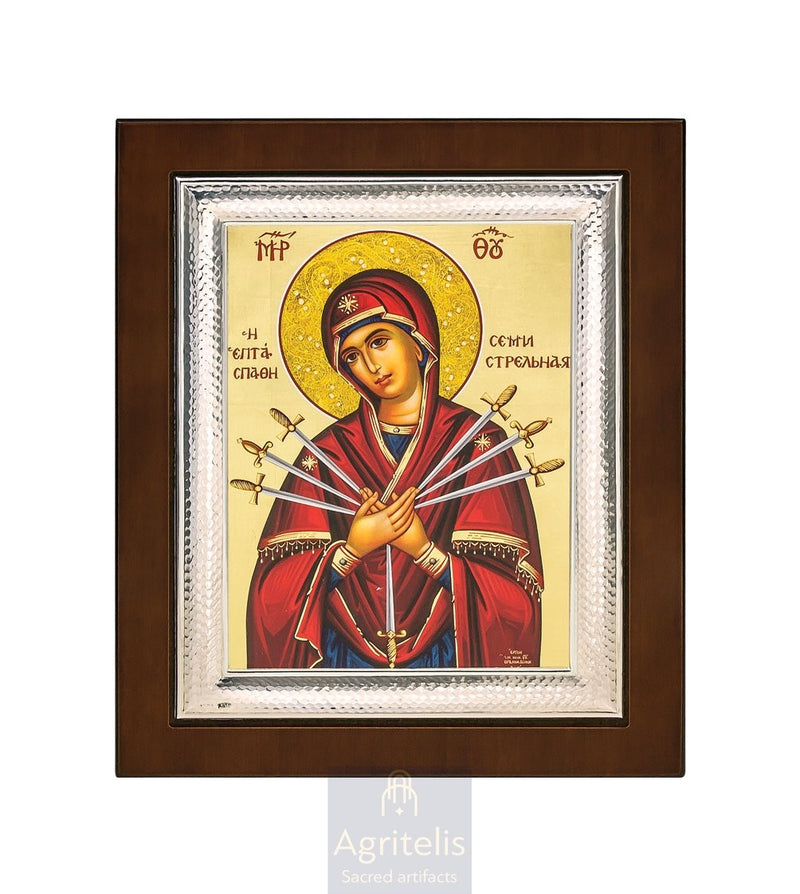 Maica Domnului cu Șapte Săbii — Icoană din argint 925, 26,5 × 21,5 cm