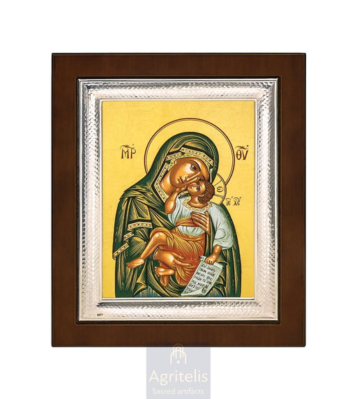 Maica Domnului Glykophilousa, veșmânt verde — icoană din argint 925, 26,5 × 21,5 cm