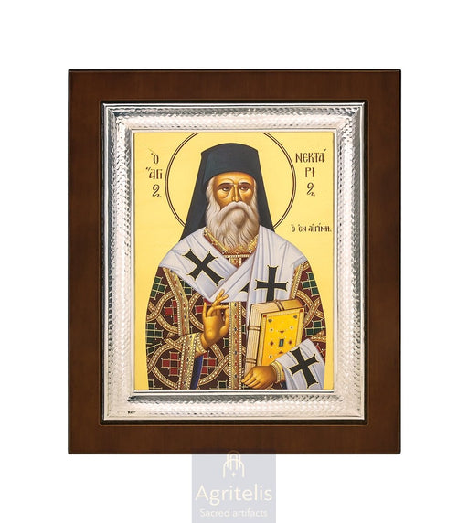 Icoană din argint, Agritelis Church Supplies, ieraskevi.com, Sfântul Nectarie — 26,5 × 21,5 cm