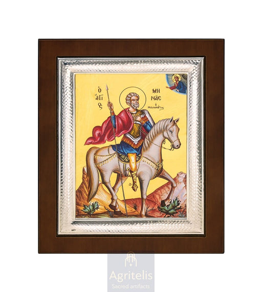 Icoană din argint, Agritelis Church Supplies, ieraskevi.com, Sfântul Mina — 26,5 x 21,5 cm