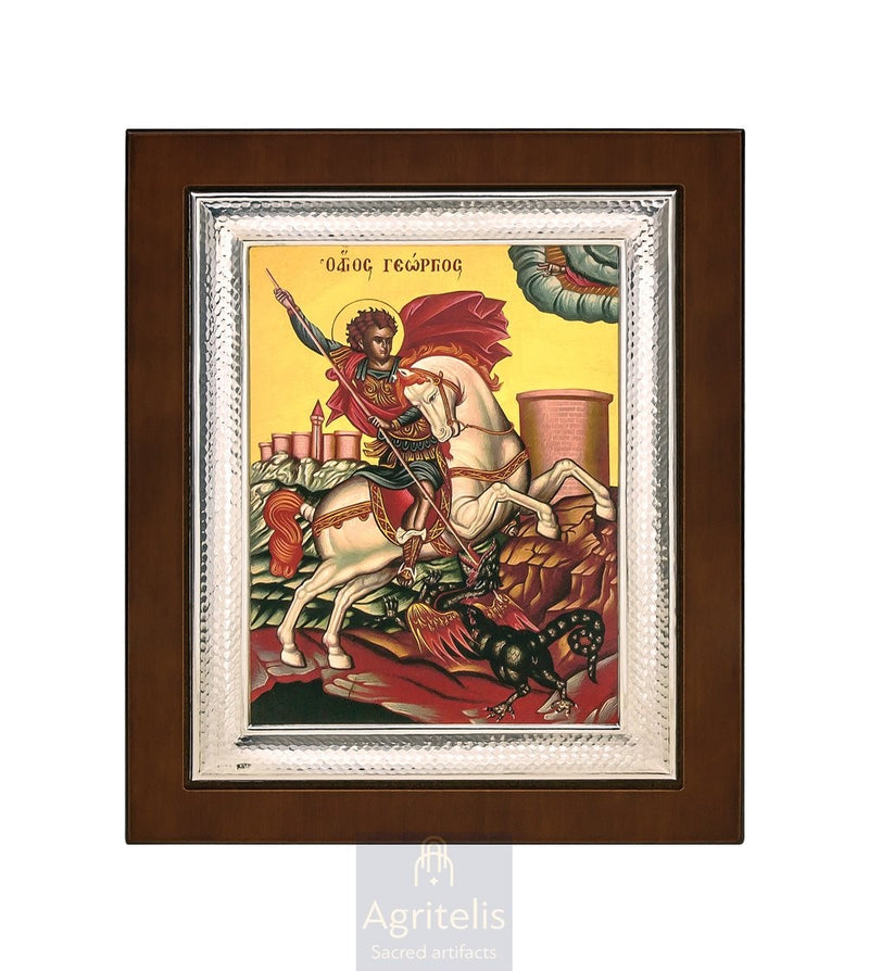 Icoană din argint, Agritelis Church Supplies, ieraskevi.com, Sfântul Gheorghe — 26,5 x 21,5 cm