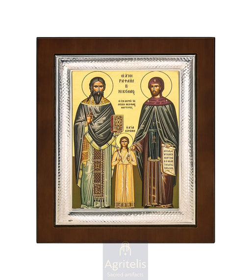 Icoană din argint, Agritelis Church Supplies, ieraskevi.com, Sfinții Rafail, Nicolae și Irina — 26,5 x 21,5 cm