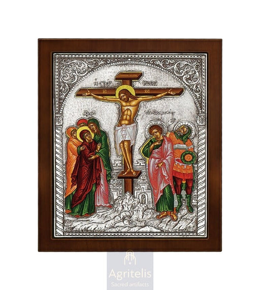 Răstignirea cu serigrafie pe pânză — Icoană din argint 925, 27 × 23 cm