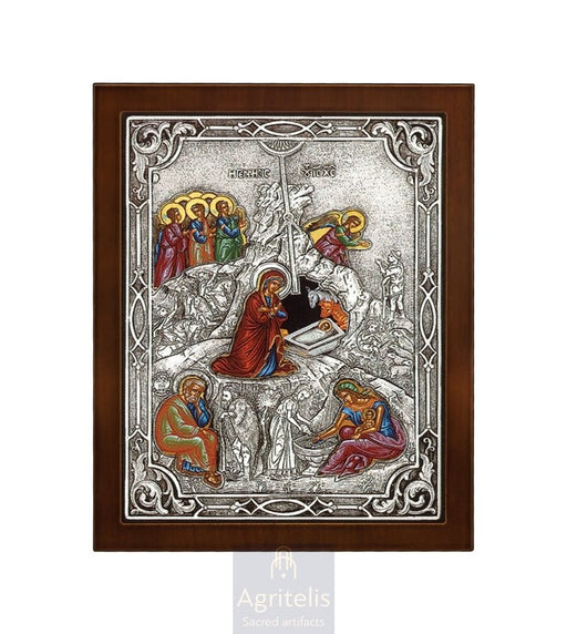 Nașterea Domnului cu serigrafie pe pânză — icoană din argint 925, 27 × 23 cm