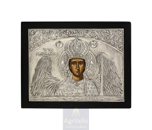 Arhanghelul Mihail din Mantamados, lemn negru — icoană din argint 925, 27 × 23 cm