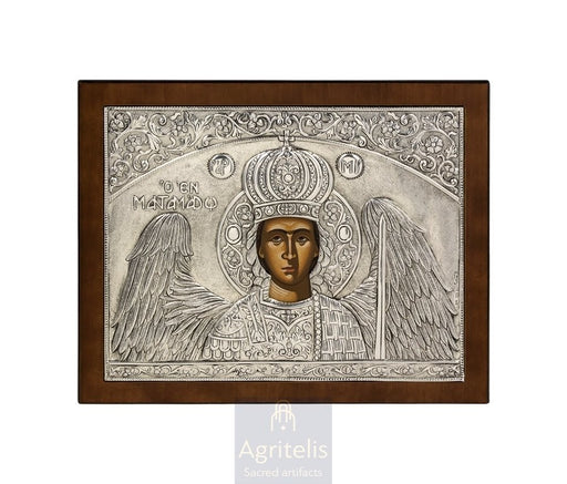 Arhanghelul Mihail din Mantamados, lemn maro — icoană din argint 925, 27 × 23 cm