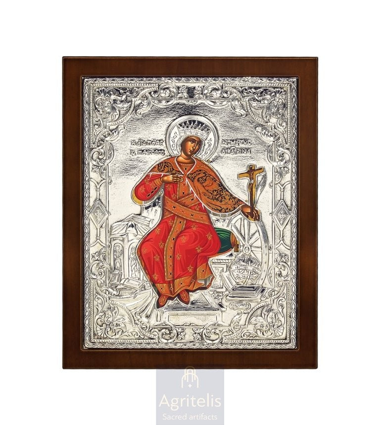 Saint Catherine with Screen Printing on Canvas — 925 Silver Icon, 27 × 23 cm