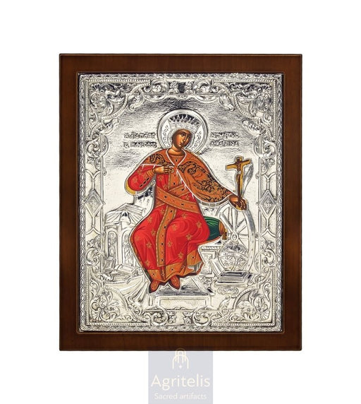 Sfânta Ecaterina cu serigrafie pe pânză — Icoană din argint 925, 27 × 23 cm