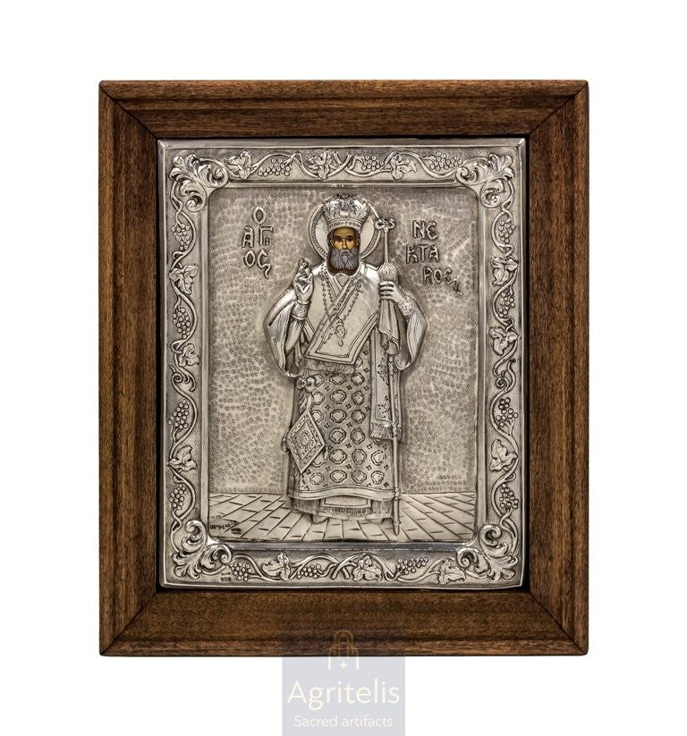 Silver Icon, Agritelis Church Supplies, ieraskevi.com, Saint Nektarios — 26,5 x 22,5 cm