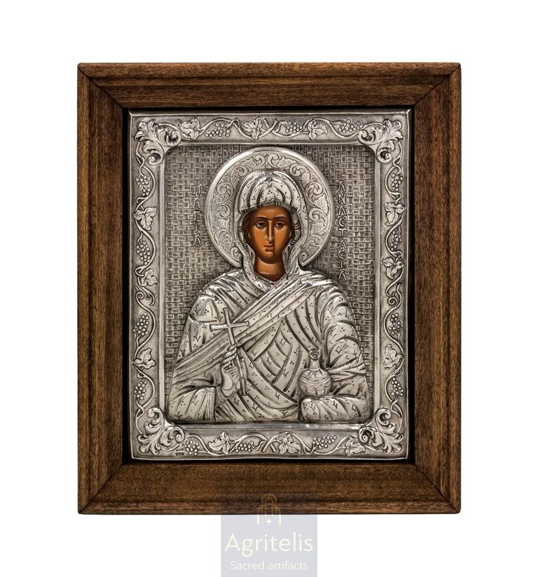 Saint Anastasia Pharmakolytria — 925 Silver Icon, 26.5 × 22.5 cm