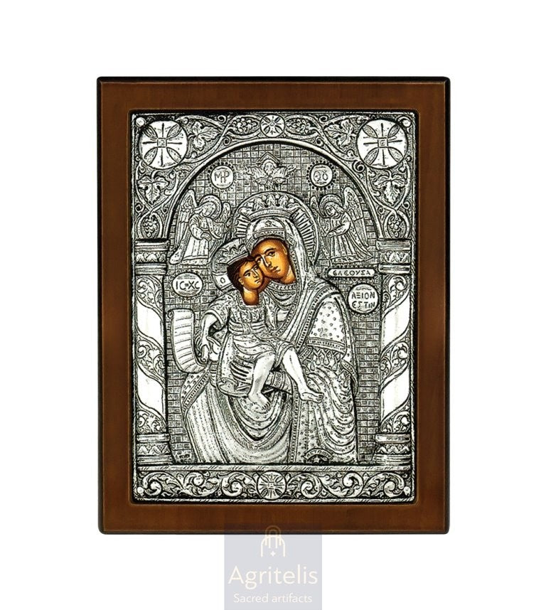 Icoană din argint, Agritelis Church Supplies, ieraskevi.com, Maica Domnului Axion Estin (Cuvine-se cu adevărat) — 18 x 14 cm