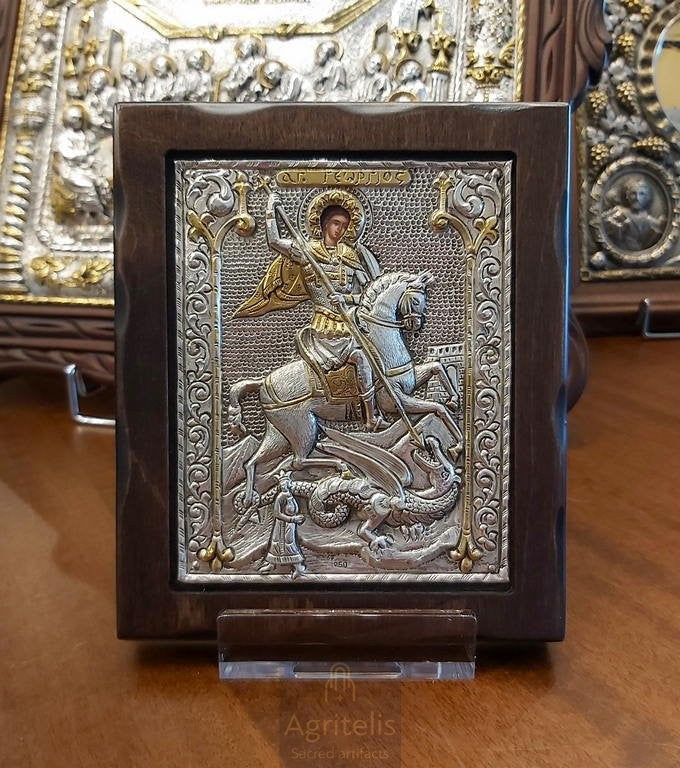 Saint George — 925 Silver Icon, 18 × 15.5 cm