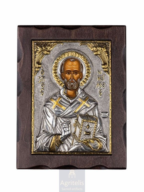 Silver Icon, Agritelis Church Supplies, ieraskevi.com, Saint Nicholas — 24 x 18,5 cm