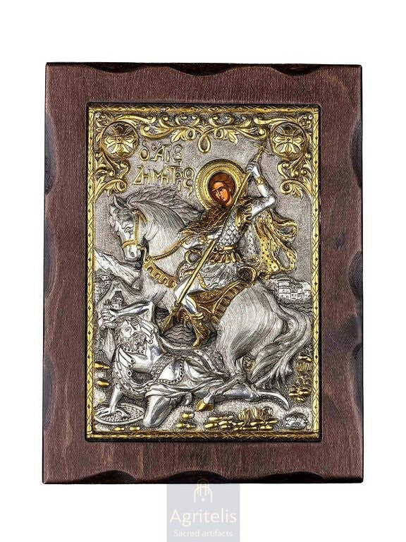 Серебряная икона, Αγριτέλης церковные, ieraskevi.com, святой Димитрий 24 x 18,5 cm