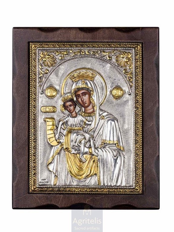 Icoană argintată, Agritelis Church Supplies, ieraskevi.com, Maica Domnului Amolyntos — 25 x 19,5 cm