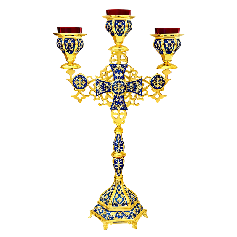 Трокрака црквена свећњача са емајлом — 45 x 23 x 70 cm
