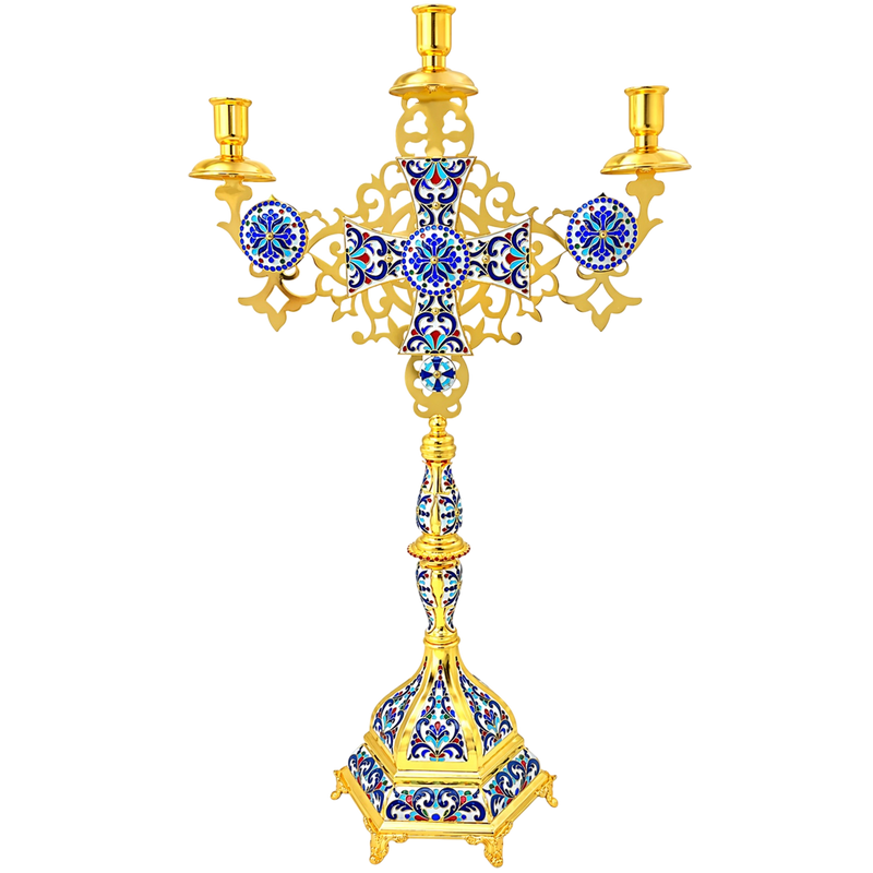 Трокрака црквена свећњача са емајлом — 45 × 23 × 70 cm