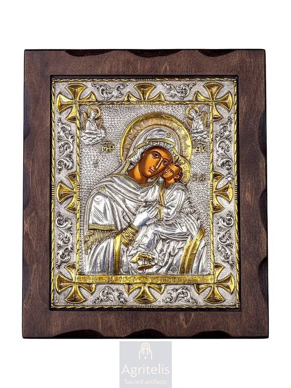 Theotokos Glykophilousa of Patmos — 925 Silver Icon, 29.5 × 24.5 cm