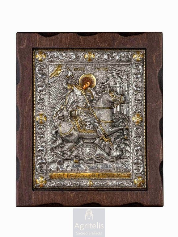 Icoană din argint, Agritelis Church Supplies, ieraskevi.com, Sfântul Gheorghe — 29,5 x 24,5 cm