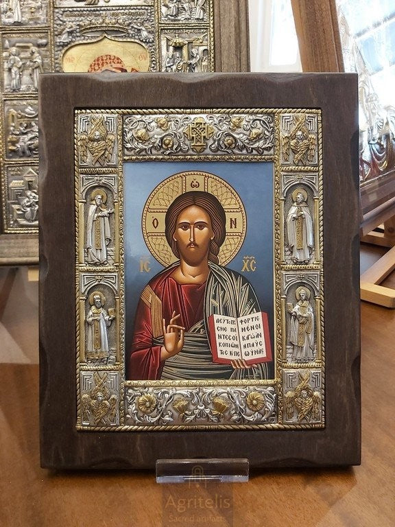 Срібна ікона, Αγριτέλης Церковне, ieraskevi.com, ХРИСТОС СИНЄ ТЛО РОЗМІР 34 Х 28 cm