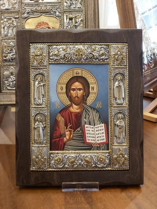 Ασημένια Εικόνα, Αγριτέλης Εκκλησιαστικά, ieraskevi.com, ΧΡΙΣΤΟΣ ΜΠΛΕ ΦΟΝΤΟ ΔΙΑΣΤΑΣΗ 34 Χ 28 cm