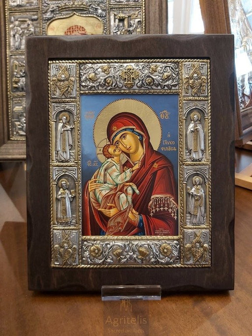Ασημένια Εικόνα, Αγριτέλης Εκκλησιαστικά, ieraskevi.com, ΠΑΝΑΓΙΑ ΓΛΥΚΟΦΙΛΟΥΣΑ ΜΠΛΕ ΦΟΝΤΟ ΔΙΑΣΤΑΣΗ 34 Χ 28 cm