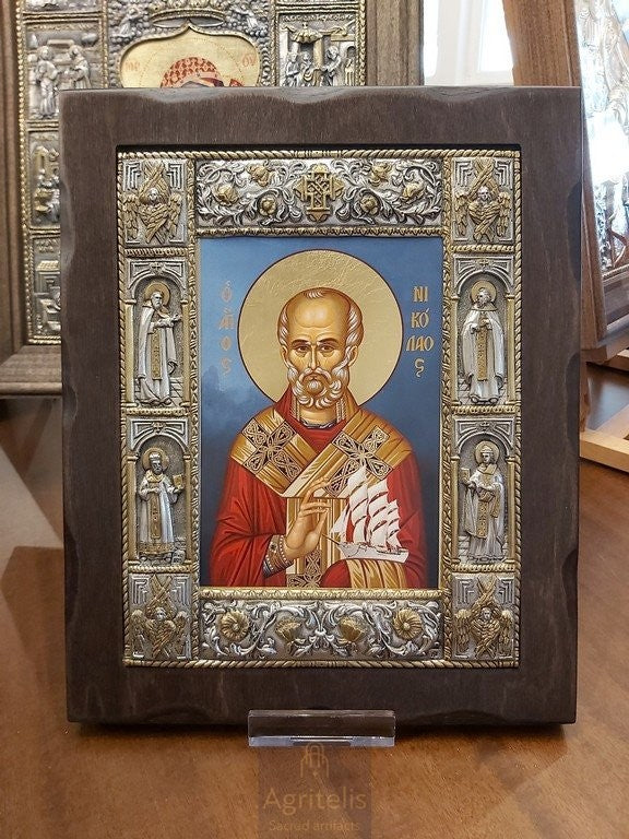 Արծաթից սրբապատկեր, Αγριτέλης Եկեղեցական, ieraskevi.com, Սուրբ Նիկողայոս կապույտ ֆոն ԴԻՄԱՆՈՒՄ 34 X 28 cm