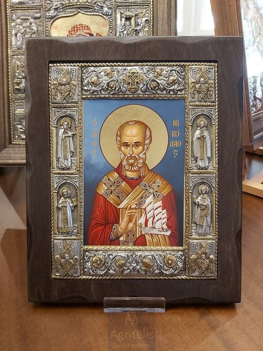 Ασημένια Εικόνα, Αγριτέλης Εκκλησιαστικά, ieraskevi.com, ΑΓΙΟΣ ΝΙΚΟΛΑΟΣ ΜΠΛΕ ΦΟΝΤΟ ΔΙΑΣΤΑΣΗ 34 Χ 28 cm