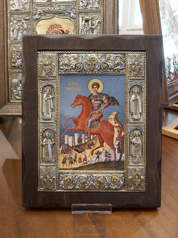 Sfântul Dimitrie, fundal albastru — icoană din argint 925, 34 × 28 cm