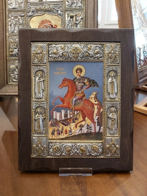 Ασημένια Εικόνα, Αγριτέλης Εκκλησιαστικά, ieraskevi.com, ΑΓΙΟΣ ΔΗΜΗΤΡΙΟΣ ΜΠΛΕ ΦΟΝΤΟ ΔΙΑΣΤΑΣΗ 34 Χ 28 cm