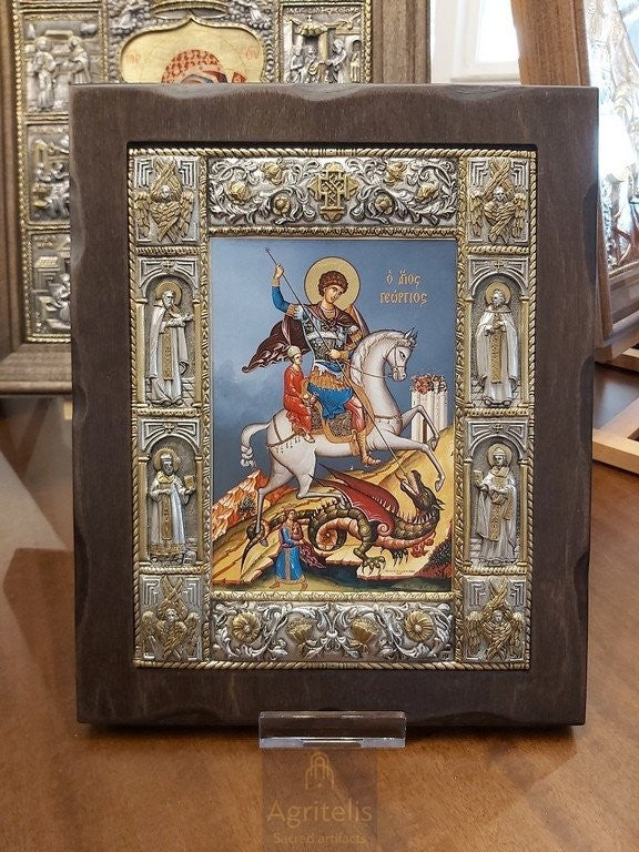 Արծաթից սրբապատկեր, Αγριτέλης Եկեղեցական, ieraskevi.com, Սուրբ Գևորգ կապույտ ֆոն ԴԻՄԱՆՈՒՄ 34 X 28 cm