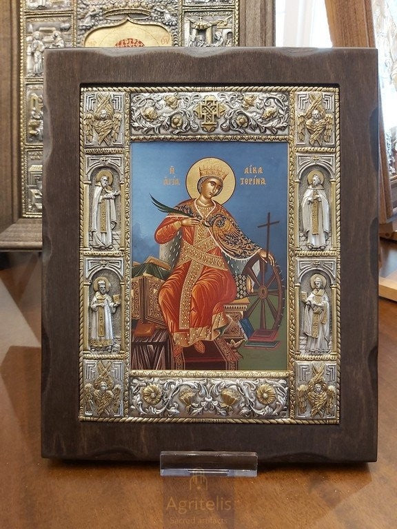 Сребърна икона, Αγριτέλης църковни, ieraskevi.com, СВЕТА ЕКАТЕРИНА СИН ФОН РАЗМЕР 34 Х 28 cm
