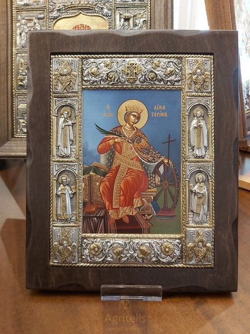 Ασημένια Εικόνα, Αγριτέλης Εκκλησιαστικά, ieraskevi.com, ΑΓΙΑ ΑΙΚΑΤΕΡΙΝΗ ΜΠΛΕ ΦΟΝΤΟ ΔΙΑΣΤΑΣΗ 34 Χ 28 cm