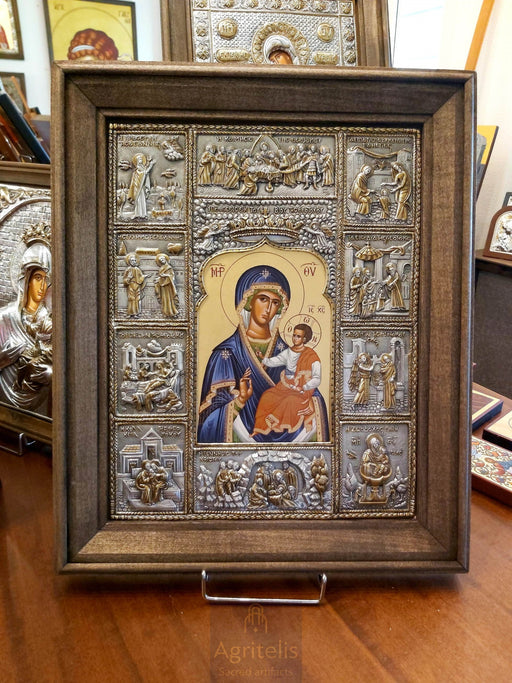 Ασημένια Εικόνα, Αγριτέλης Εκκλησιαστικά, ieraskevi.com, Ο ΒΙΟΣ ΤΗΣ ΠΑΝΑΓΙΑΣ ΟΔΗΓΗΤΡΙΑ ΜΠΛΕ ΦΟΡΕΜΑ 48 x 40 cm