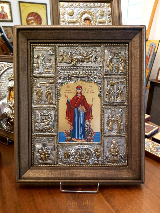 Ασημένια Εικόνα, Αγριτέλης Εκκλησιαστικά, ieraskevi.com, Ο ΒΙΟΣ ΤΗΣ ΠΑΝΑΓΙΑΣ ΗΓΟΥΜΕΝΗ ΑΓΙΟΥ ΟΡΟΥΣ 48 x 40 cm