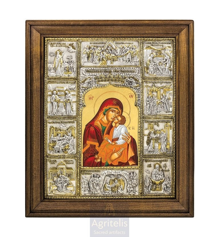 Life of the Theotokos, Design A with Screen Printing on Canvas — 925 Silver Icon, 48 × 40 cm