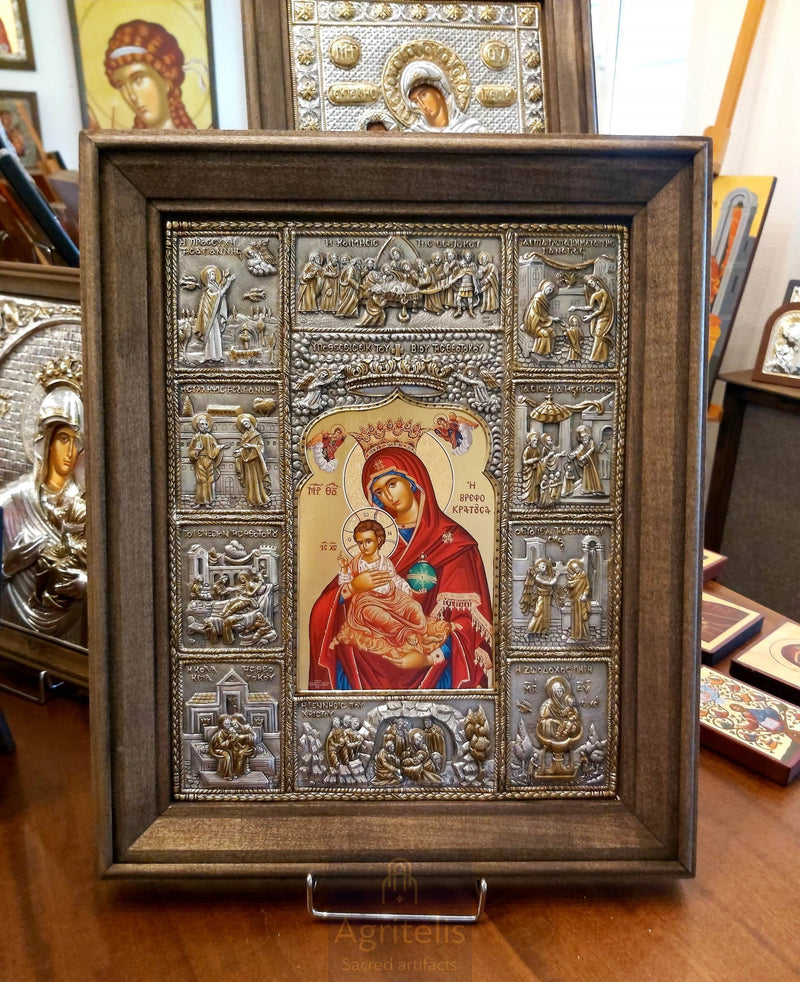 Life of the Theotokos — Holding the Child, Design 2 — 925 Silver Icon, 48 × 40 cm