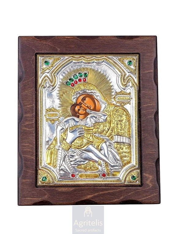 Maica Domnului Glykophilousa — Icoană din argint 925, 26,5 × 22 cm