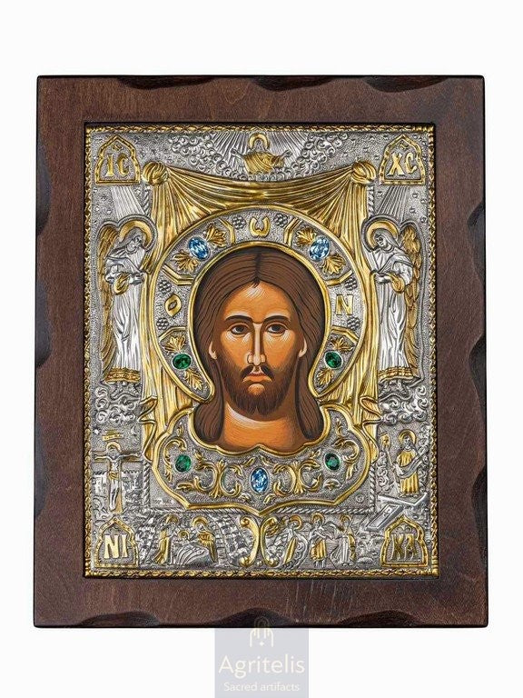 Արծաթից սրբապատկեր, Αγριτέλης Եկեղեցական, ieraskevi.com, Քրիստոսի դեմքի պատկերը կրող սուրբ դաստառակ 34,5 x 28 cm