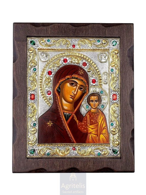 Theotokos of Kazan with Screen Printing — 925 Silver Icon, 34.5 × 28 cm