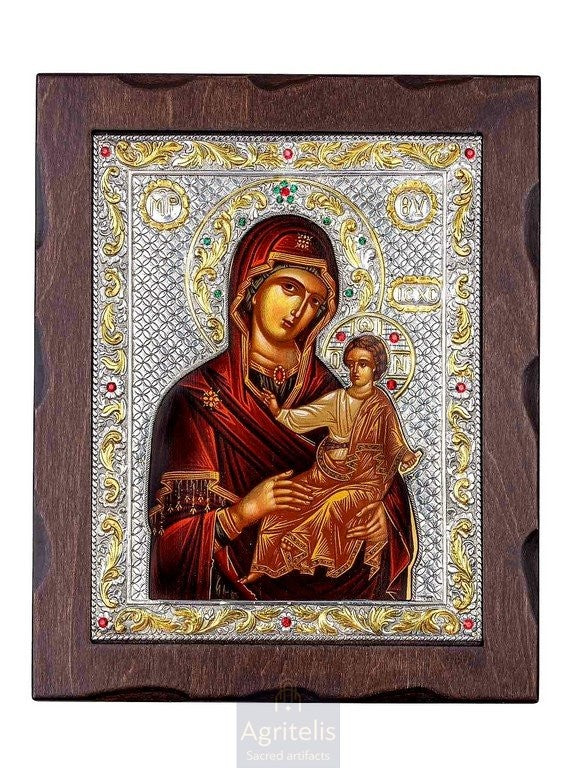 Theotokos Amolyntos with Screen Printing — 925 Silver Icon, 34.5 × 28 cm