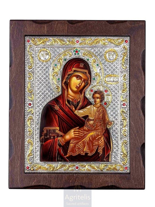 Theotokos Amolyntos with Screen Printing — 925 Silver Icon, 34.5 × 28 cm